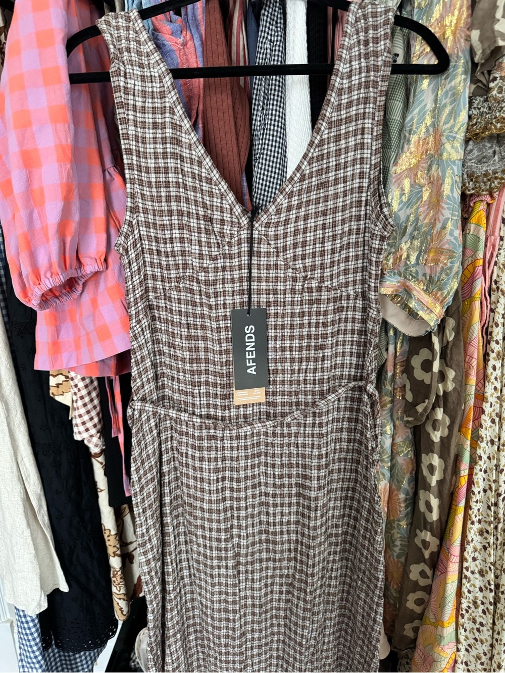 Afends Coffee Check Base Seersucker Maxi Dress - Brown & White